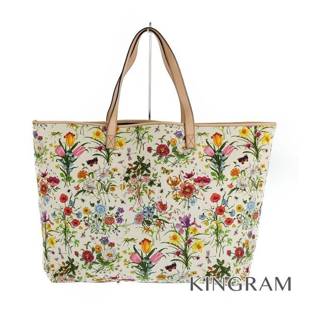 Gucci Flora Flower Tote Bag White Pink Canvas Leather